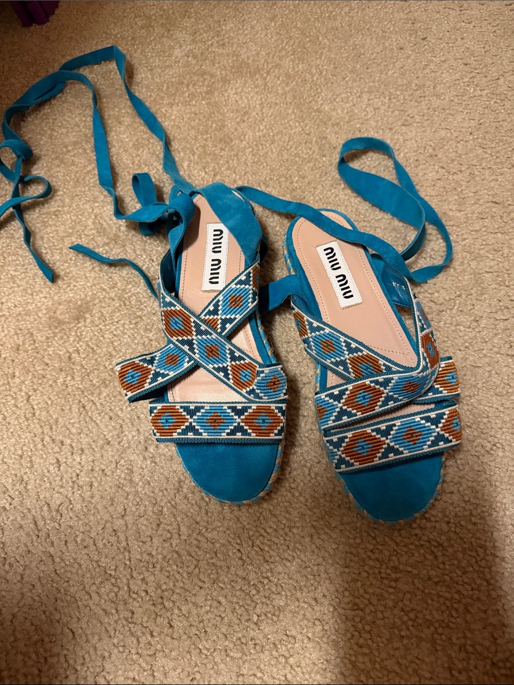 Miu Miu Turquoise Suede Beaded Wrap Sandals